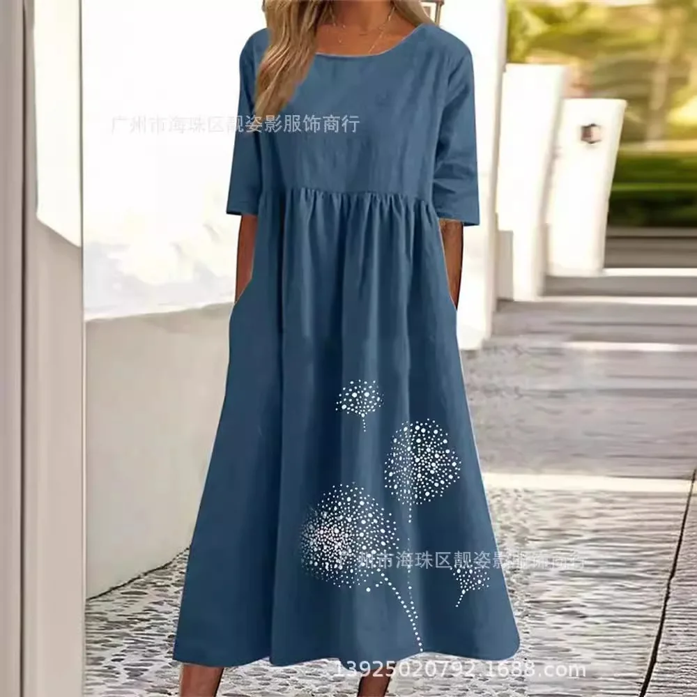 

Dress Women High Waist O Neck Dresses Print Half Sleeve Loose Vestidos Spliced Ankle Length 2025 Slight Strech Summer A Line