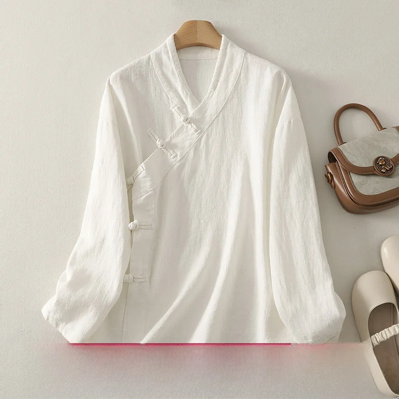 New Chinese Style Women's Long Sleeve Shirt Pure Color Button Design Zen Meditation Casual Wear Daily Occasion Linen Fabric
