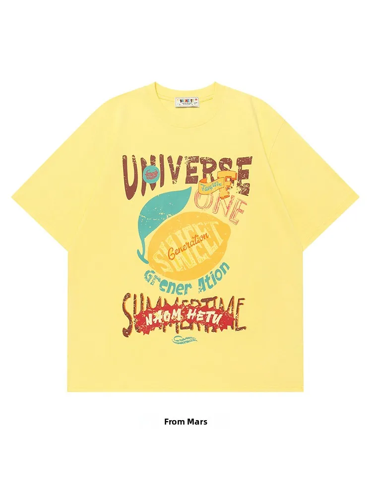 

Hand-Dn fiti Letter round Ne ort Sve T-irt from Lemon Harajuku Sle Youthful Summer Casual Top for Couples