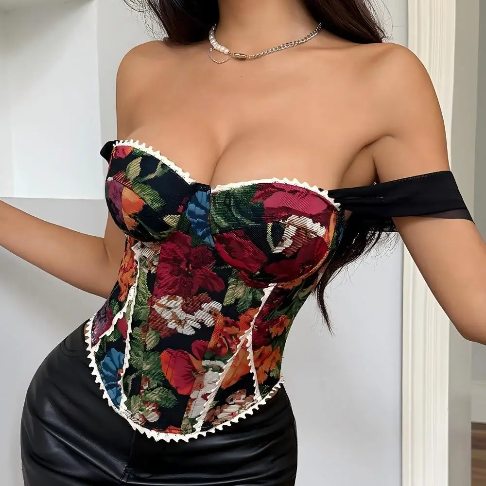 

Retro Red Floral Print Corset Tank Top Sexy Back Criss Cross Bandage Bustier Lace Trim Night Club Party Slim Fishbone Camisole