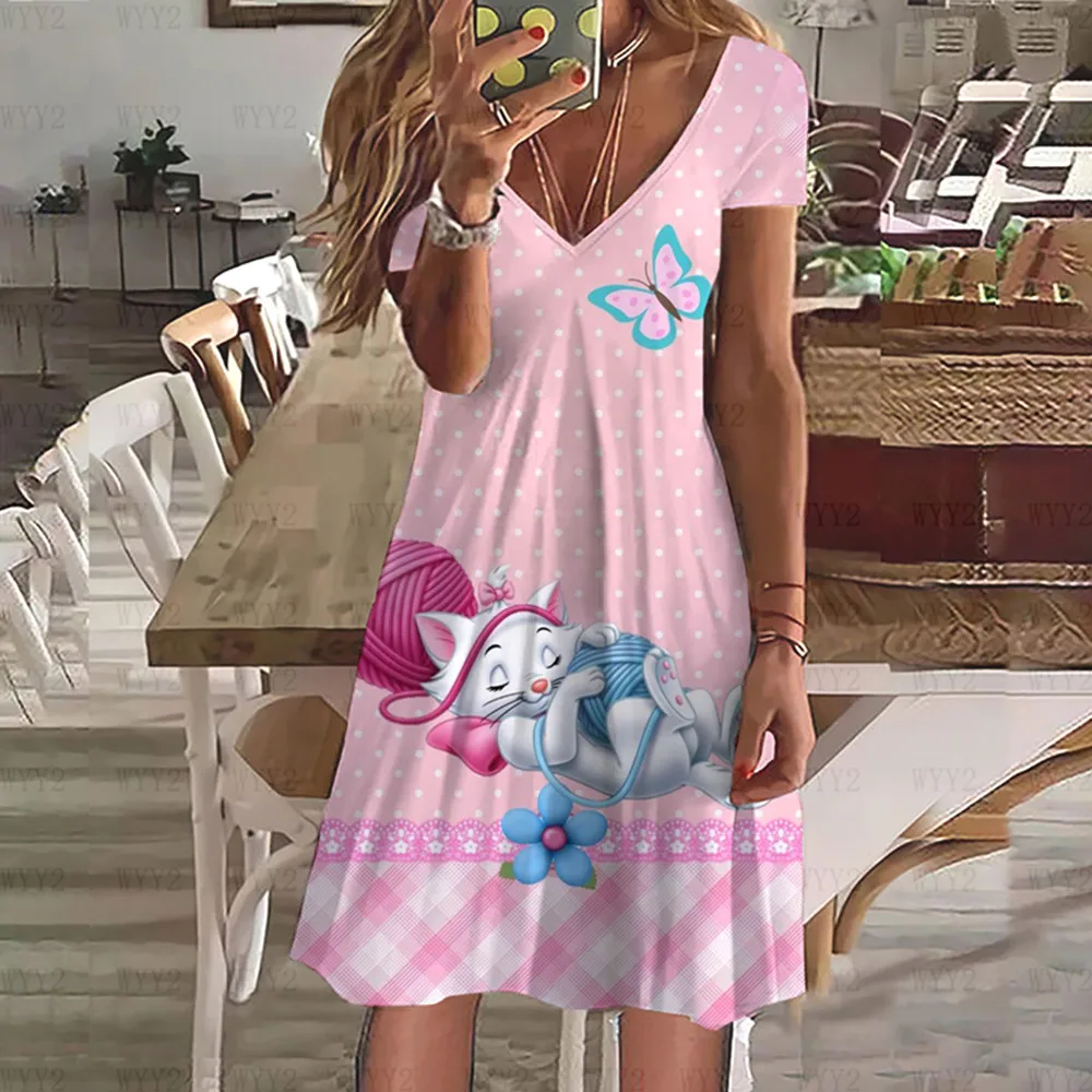 Moda e elegante disney marie gato impressão simples solto e confortável novo verão feminino com decote em v vestido de manga curta