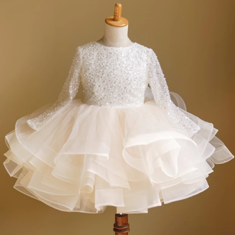 

Flower Girl Dress Ivory Tulle Pearls Sequin With Bow Long Sleeve For Wedding Birthday Party First Communion Gowns