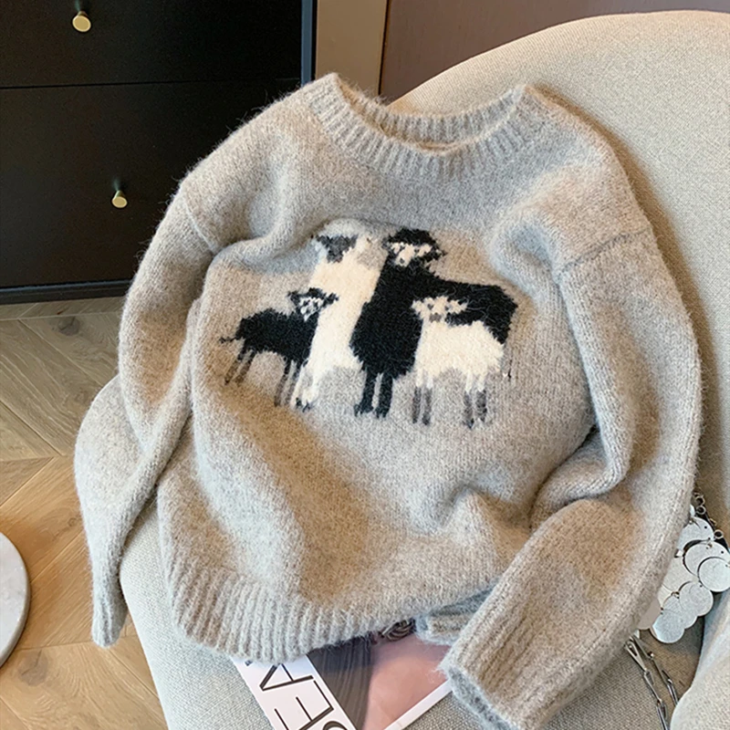 Vintage Gray Y2K Cute Cartoon Sheep Embroidery Jacquard Sweater Soft Warm Winter Jersey Jumper Harajuku Kawaii Winter Clothes