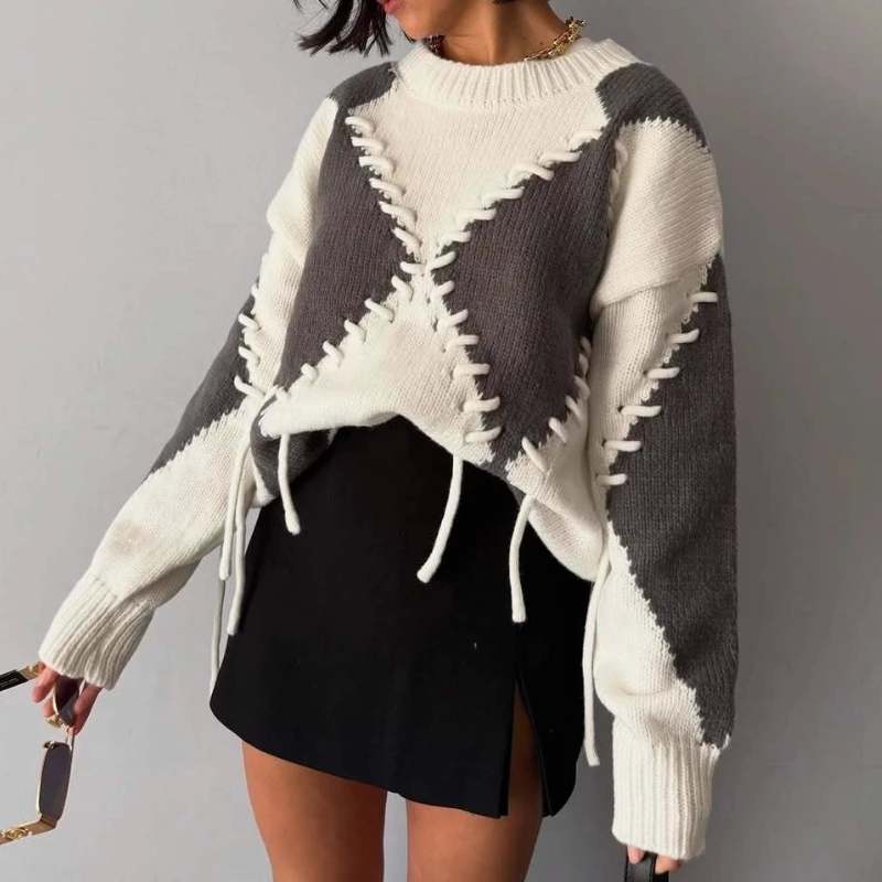 

2025 Autumn and Winter New Women's Long Sleeved Contrasting Diamond Grid Design, Rope Tied Knit Pullover Sweater