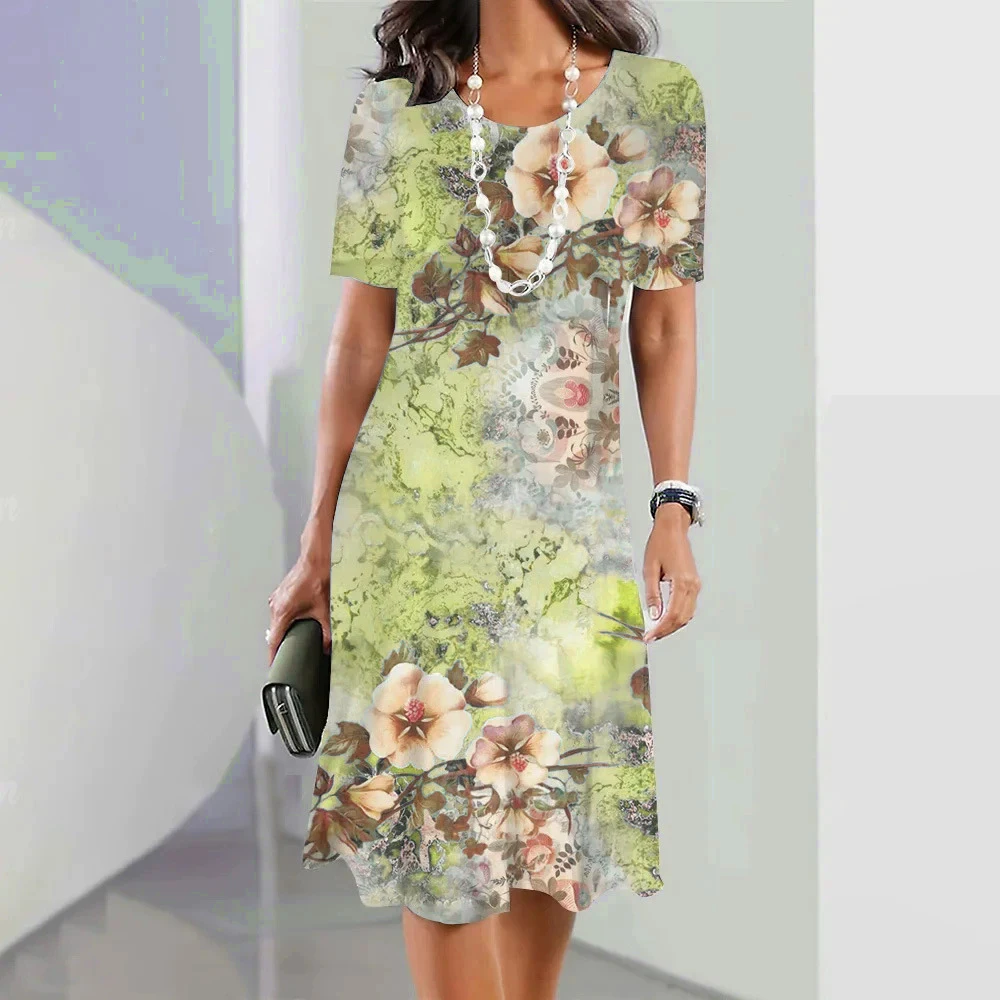 Flower Pattern Fashion Elegant Women Mini Dresses Short Sleeve 3D Floral Printed Street Ladies Dress 3XL Plus Size Casual Dress