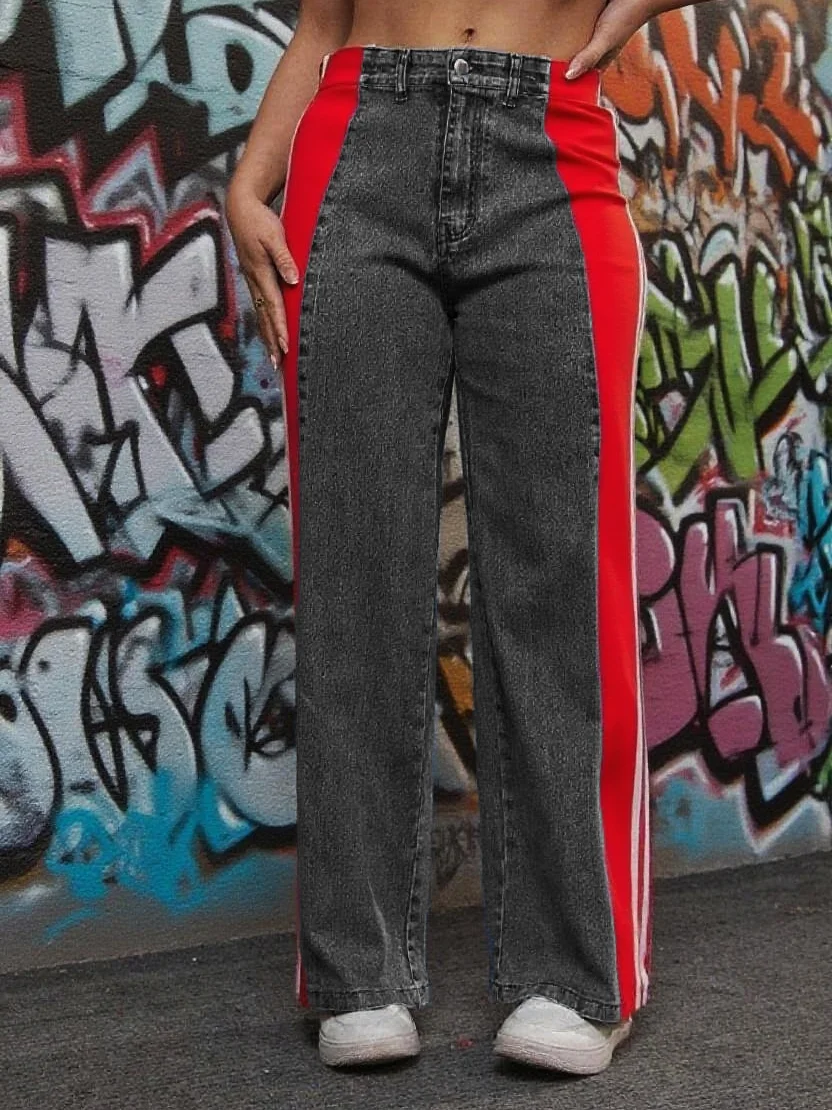 

Women’s High Waist Wide Leg Jeans with Side Stripe,Colorblock Denim Pants with Sporty Streetwear Style