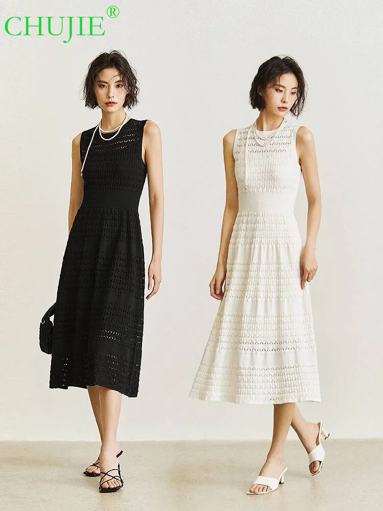 

CHUJIE 2025 Summer Thin Lace Hollow-out Design Dress Set: Round Neck Slim Fit Waist Dress + Slip Dress Two-piece Set