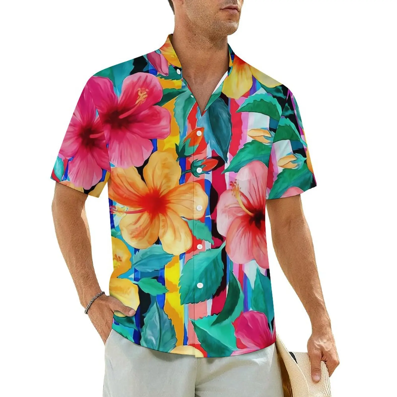 

Floral with Stripes Vacation Shirt Male Hawaiian Hibiscus Classic Casual Shirts Summer Short Sleeve Breathable Oversized Blouses