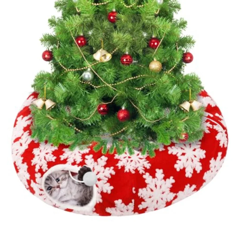 Cat Tunnel Christmas Tree Skirt for 5-7.5ft Trees - Prevent Christmas Tree Falling Snowflake Patterns Warm Soft Cat Tube Bed wi