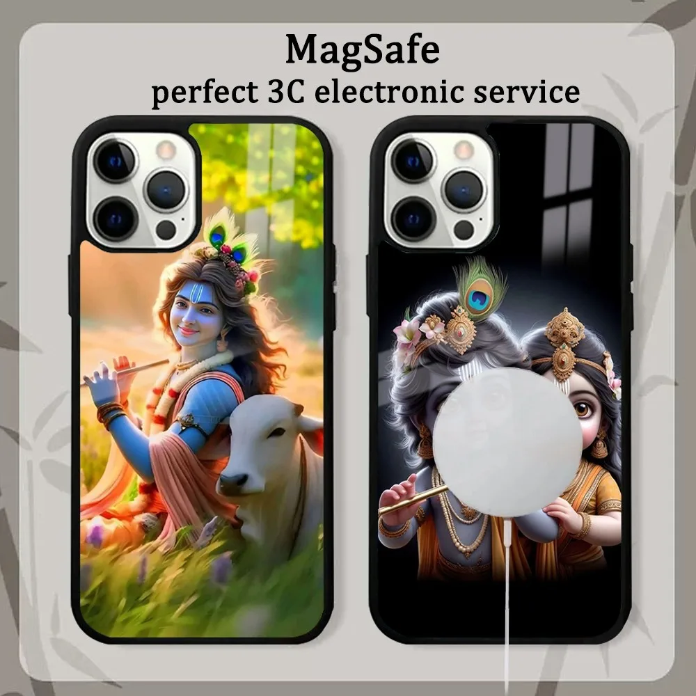 Lord Krishna Radha Phone Case For iPhone 15 14 13 12 11 Pro Max Plus Mini Mirror Magnetic Cover