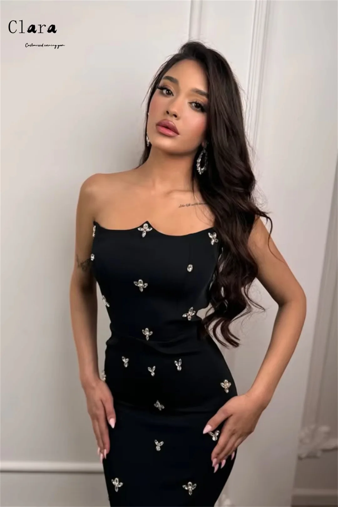 Clara Custom Schwarz Glänzend Schatz Strass Elegante Kleider 2025, Frau Luxus frauen Abendkleider Ballkleid Kleid Party