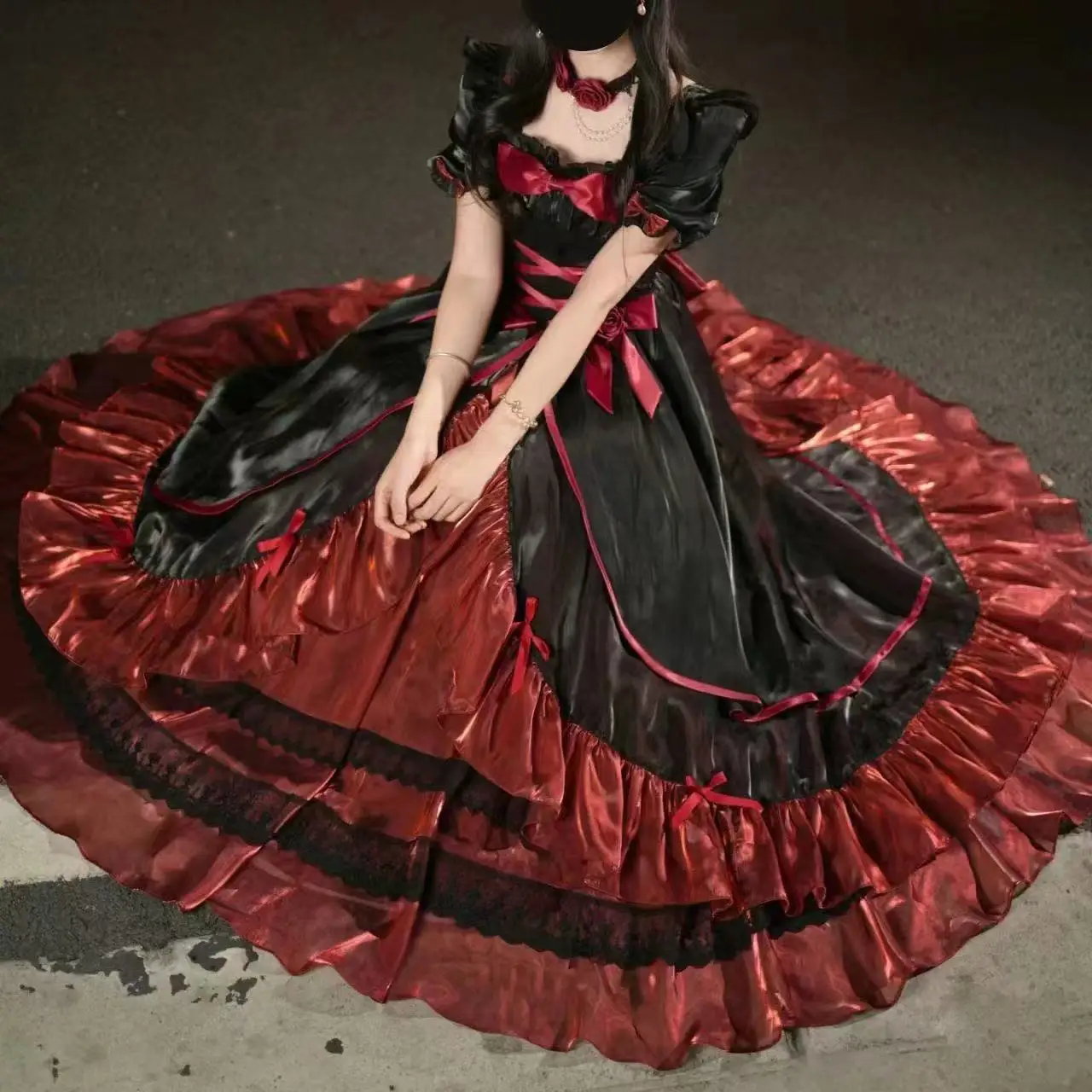 

Antique Lolita Dress Long Royal Banquet Cake Skirt Vintage Halloween Princess Cosplay Costume Dark Wine Large Skirt Hem Lolita