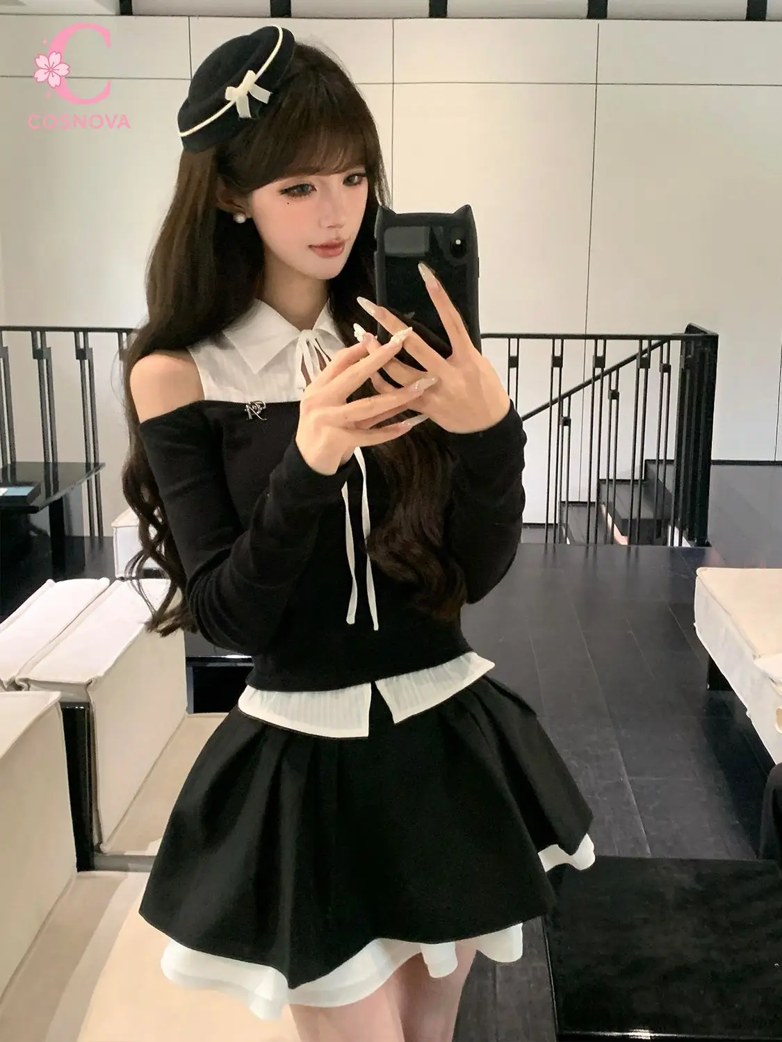 Coquette Korean 2 Piece Set Women Cold Shoulder Long Sleeve Crop Top High Waist Ruffle A-Line Skirt Slim Fit Party Outfit 2026