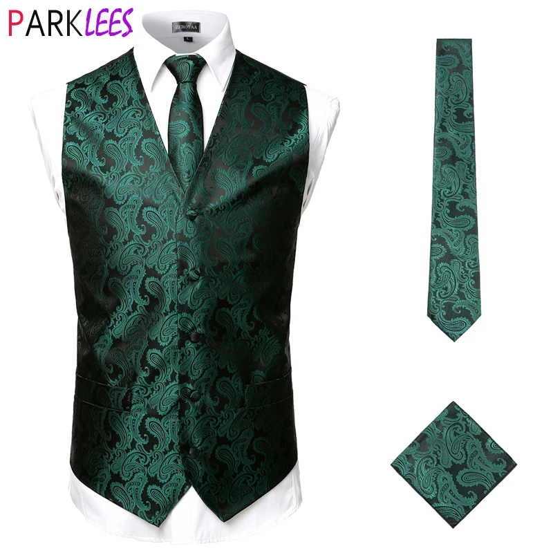 

Mens Green Paisley Floral Jacquard Dress Vest Set Necktie Pocket Square Set Tuxedo Wedding Groom Party Dress Vest Gilet Homme