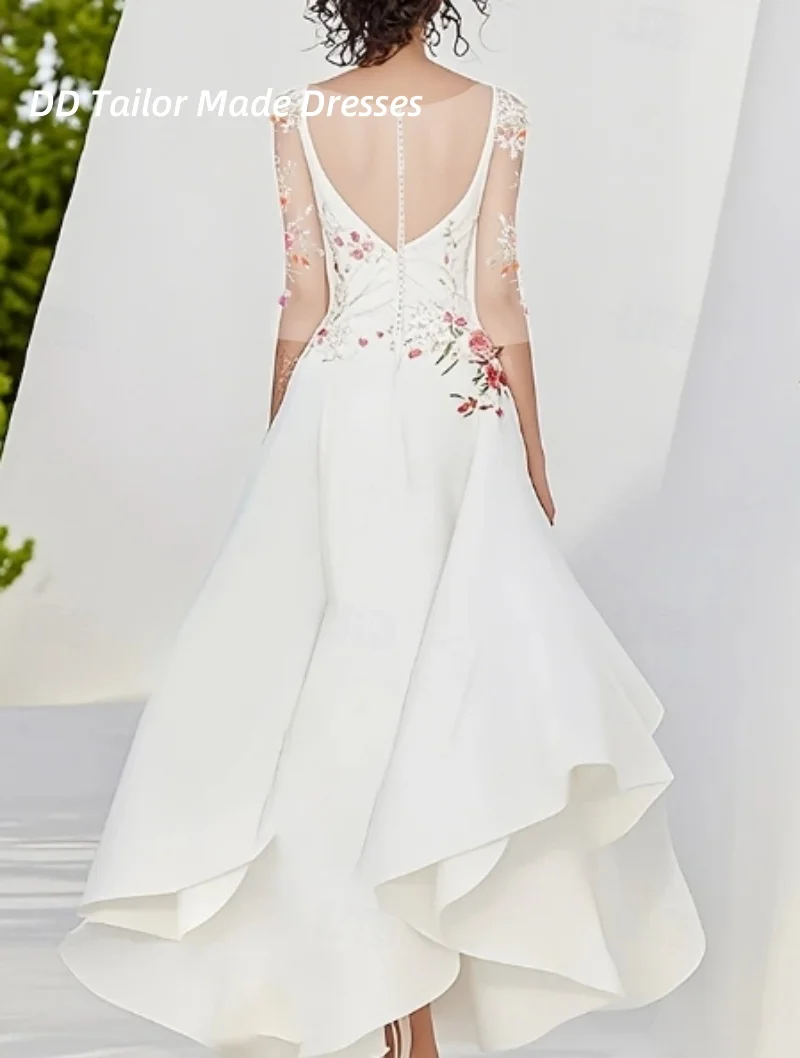 Abito da sposa semplice da giardino A-Line con scollo a V mezze maniche Abiti da sposa in raso con perline floreali Applique in pizzo con volant personalizzato