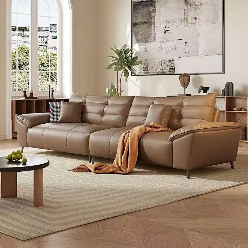 *Segmented Channel Stitch Full Grain Leather Modular Long Sofa With Metal Legs for Modern Living Room