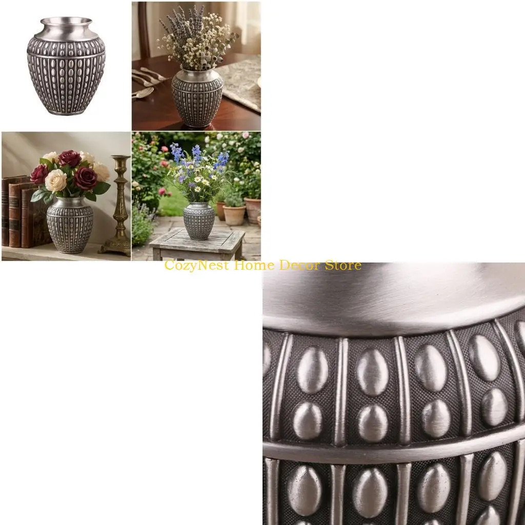 92MF Antique Metal Vases for Home Decors, Embossed Flower Arrangement Decorative Vases for Dining Table Centerpieces, Entryway