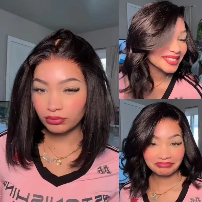 

Klaiyi Human Hair 7x5 Bye Bye Knots Glueless Lace Wig Black Yaki Pre Layered Bob Bleached Knots Drawstring Wig