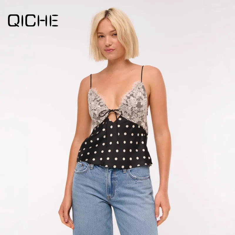 QICHE New Hot‑Sale Women European Sexy Halter Camisole V‑Neck Lace‑Spliced Low‑Cut Backless Polka‑Dot Sleeveless Blouse Top