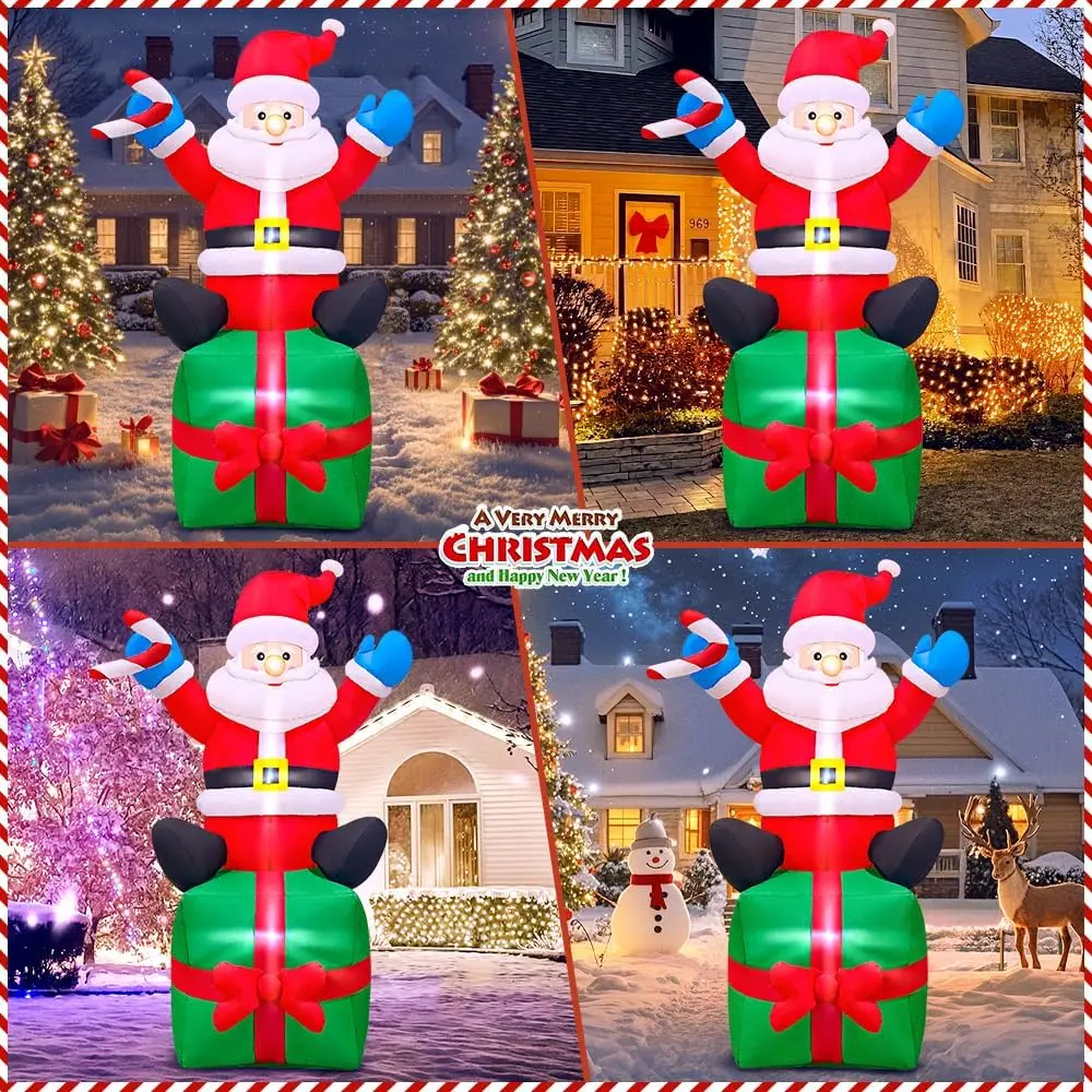 6FT Christmas Inflatable Santa Claus Outdoor Decorations Sitting on Gift Box Decoration with LED Lights