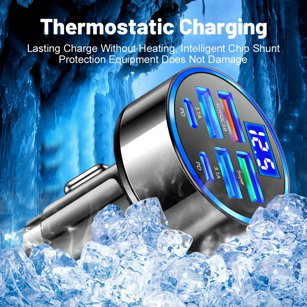 Car Charger 6 Ports USB PD 3.0 Type-C Super Fast Charging Adapter for IPhone 15 Samsung S24 Xiaomi Phone Quick Chargers in Car