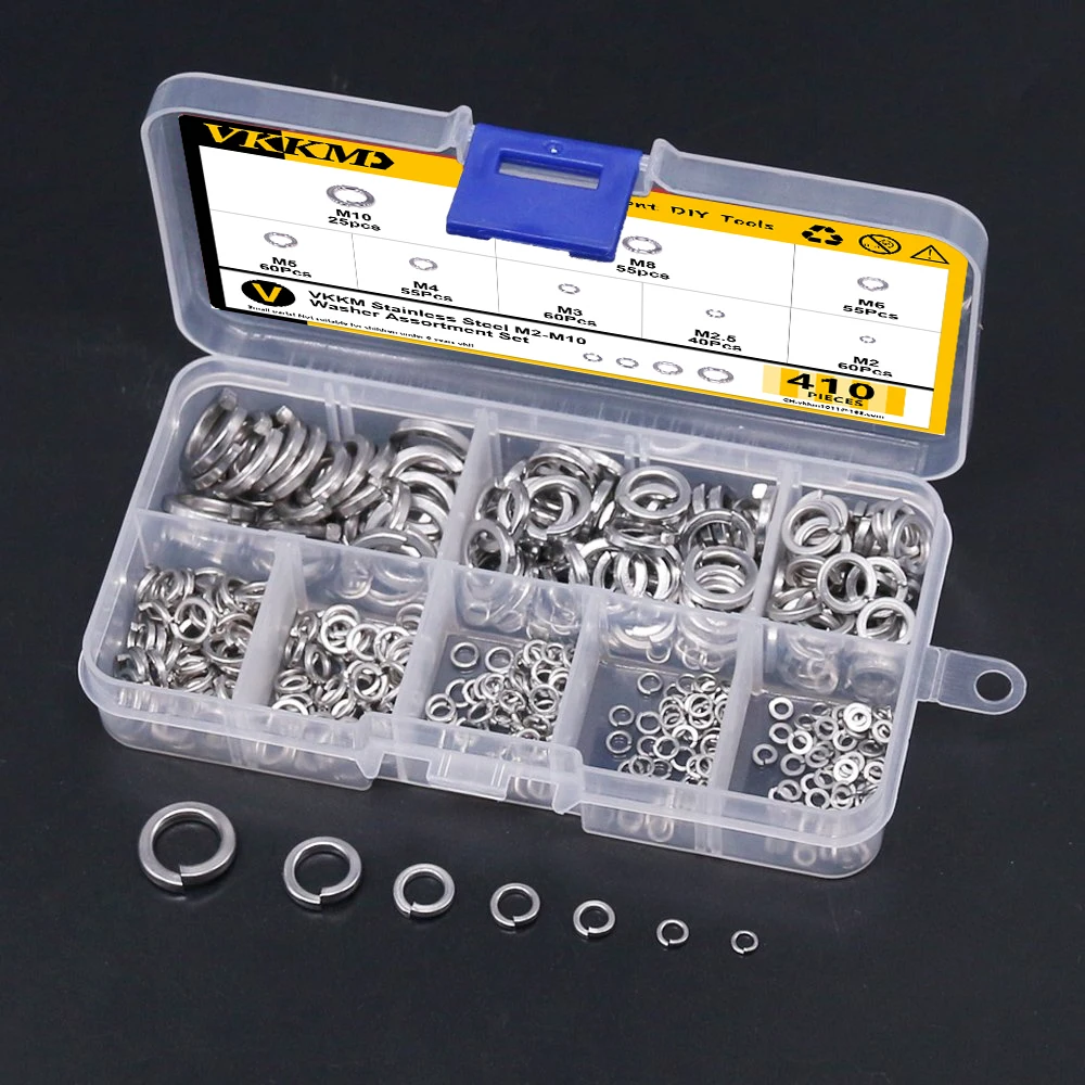 410pcs 304 Stainless Steel Flat Washers, Lock Washers and Spring Washers Combination Set in a Box, with Specifications of M2-M10