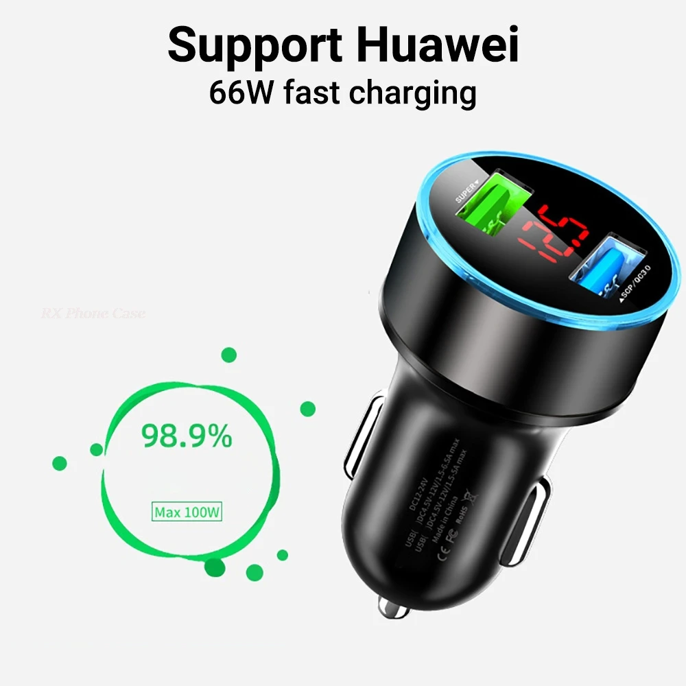 Car Charger For iPhone Huawei Xiaomi Samsung 120W Quick Charge 3.0 Protable Adapter With Digital Display Super Fast USB