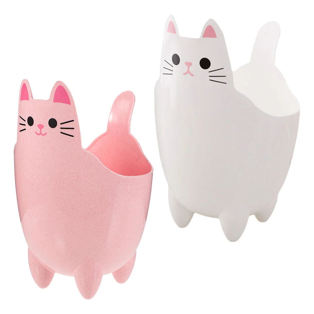 

2 Pcs Desktop Trash Can Office Cat Storage Mini Adorable Bin Plastic Garbage Table Small Size White Cartoon Design