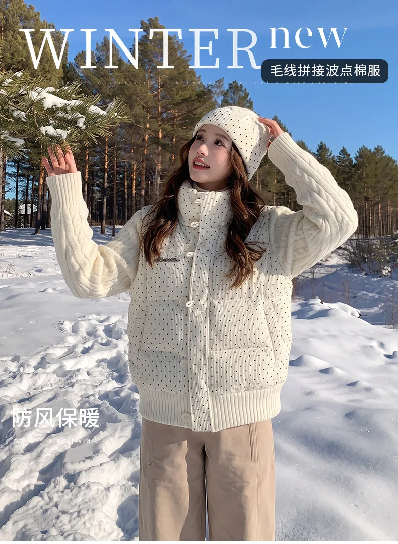 Korean Polka Dot Knit Patchwork Corduroy Cotton Jacket for Women Winter Sweet Thick Puffer Jackets Woman Stand Collar Y2K Parkas