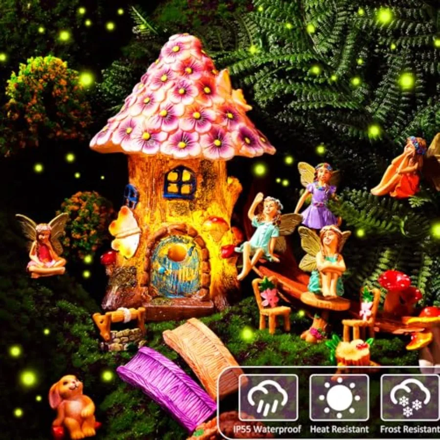 8'' Solar Light up Fairy House Garden 6-8 Fairy Figures Garden Accessories Kit Animals Doll House Decor Outdoor Micro Landscape