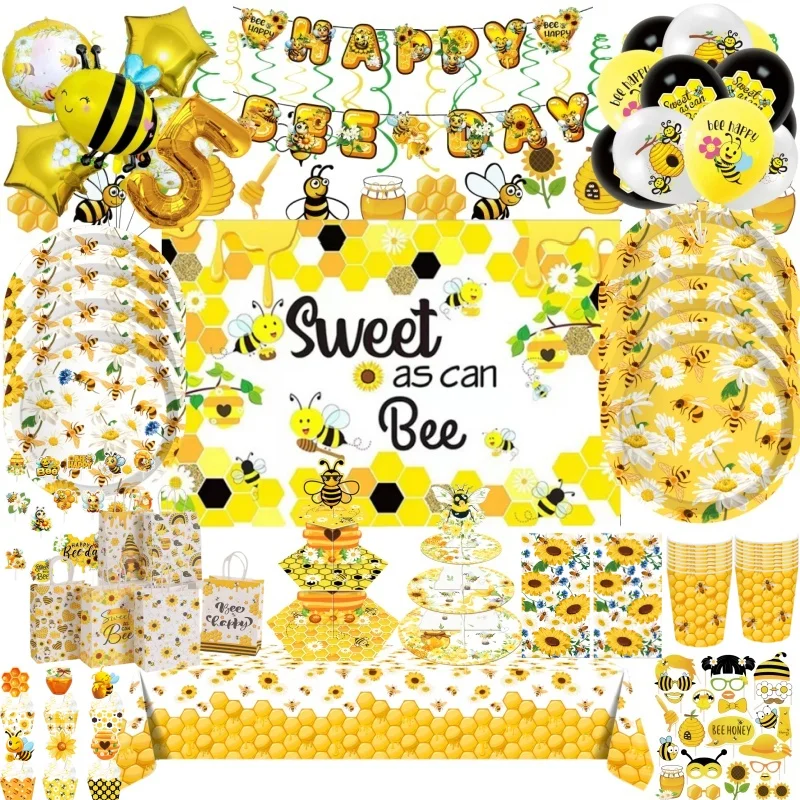 Honey Bee Sunflower Balloon Birthday Party Decorations Plastic Tablecloth Disposable Tableware Plate Cup Napkin Party Supplies
