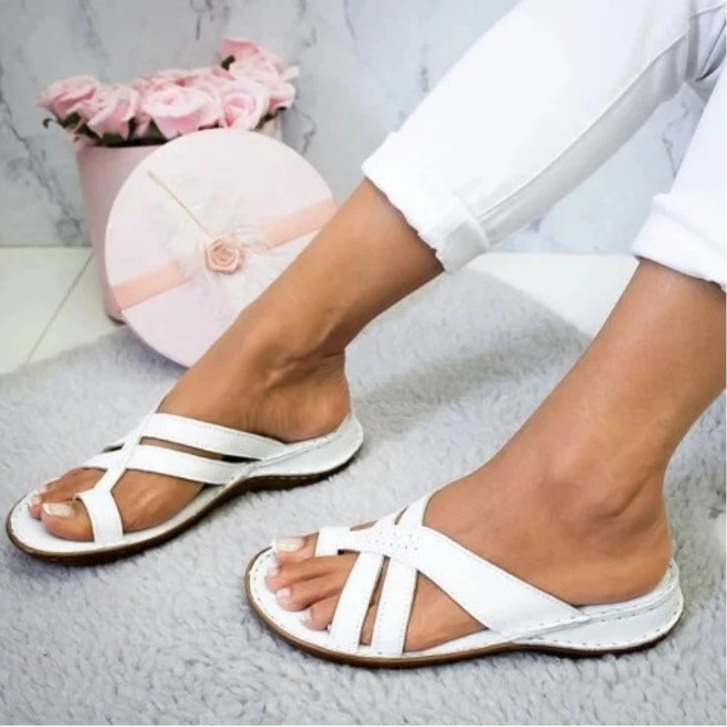 

Oversized Women's Wedge Sandals Summer Casual Flat Shoes Women's Flat Bottom Pullover Toe Outward Slippers Women's Beach Slipper