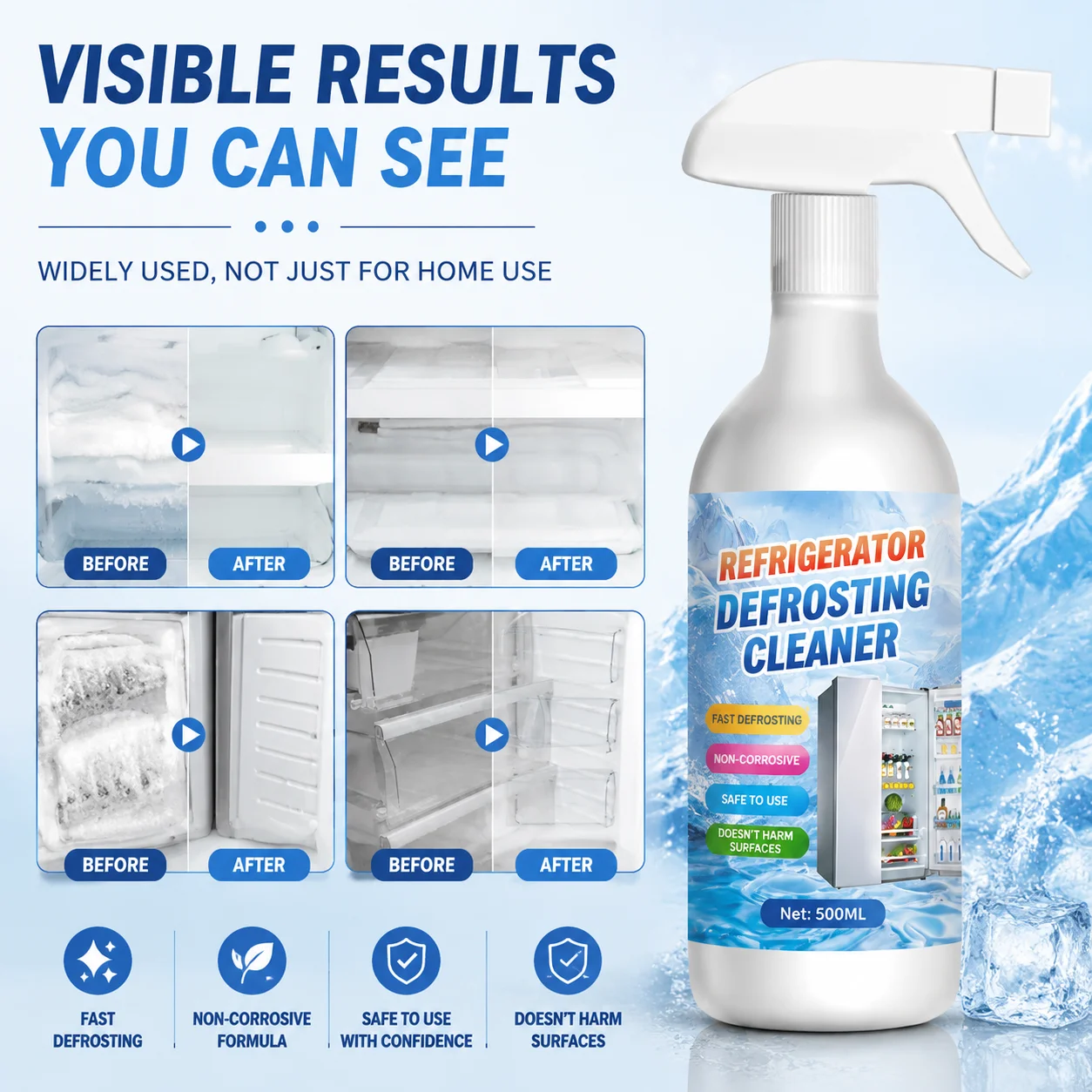 500ML Refrigerator Defrosting Spray, Fast Ice & Frost Remover for Freezer, Deep Cleaning Deicing Cleaner, Non-Corrosive Solution