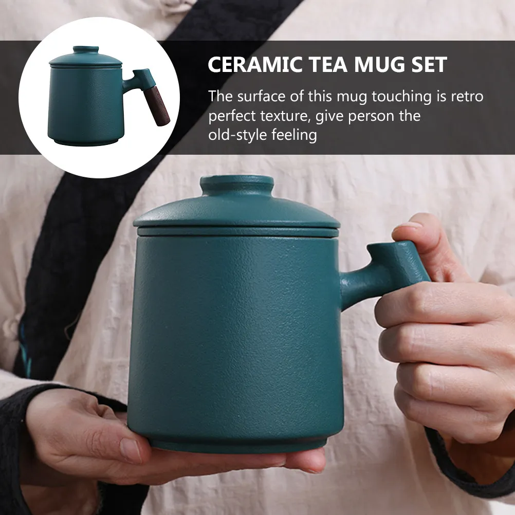 

1Set Ceramic Tea Mug with Lid Wood Handle Classic Design Tea Cup Infuser Office Home Dorm Retro Texture Easy Clean