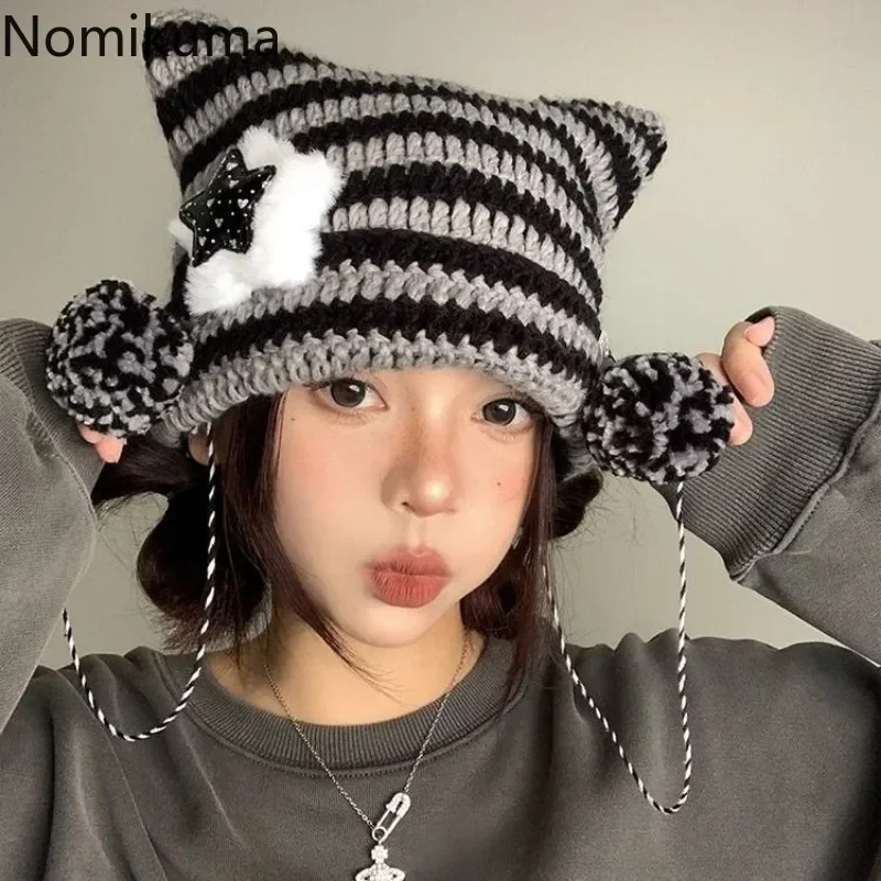 Y2K Cute Knitted Beanie Hat Ins Skull Striped Knitting Warm Caps Autumn Winter Cat Ears Pointed Pullover Japanese Women Hats