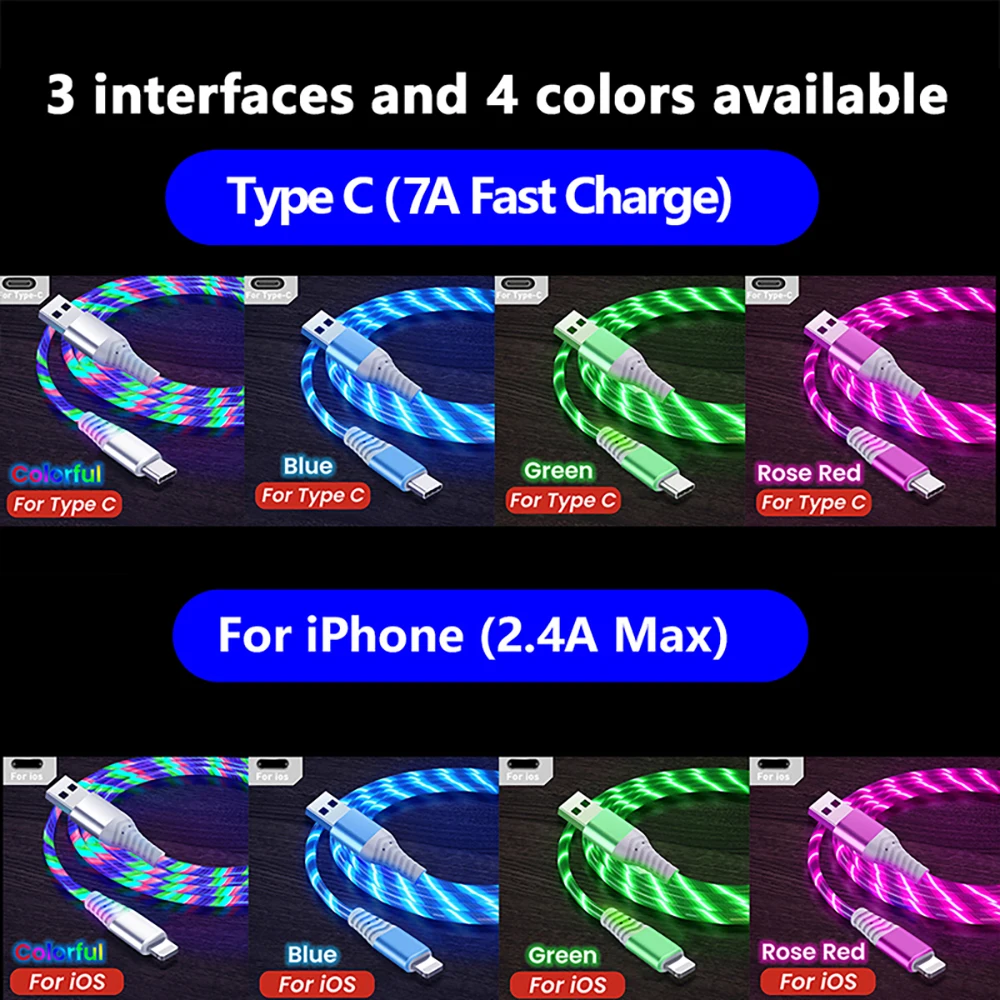 7A Glowing Cable Micro USB Type C Cable 100W Super Fast Charging For Huawei Mate 60 USB C Data Cord 3A For IPhone 15 Pro Xiaomi