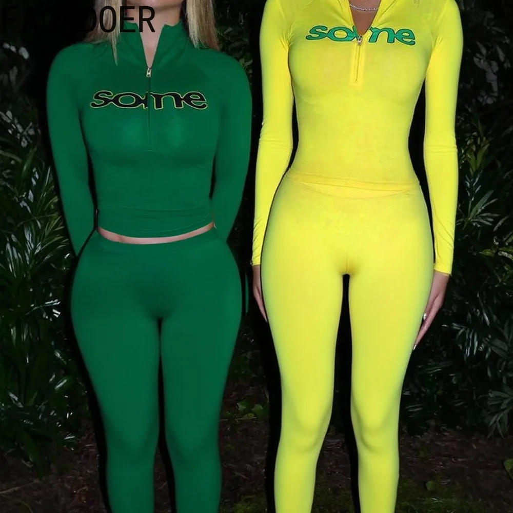 FAGADOER Y2K Streetwear Fashion Letter Print 2 Pieces Set for Woman Zipper Long Sleeves Top and Pants Female Clothing Summer New