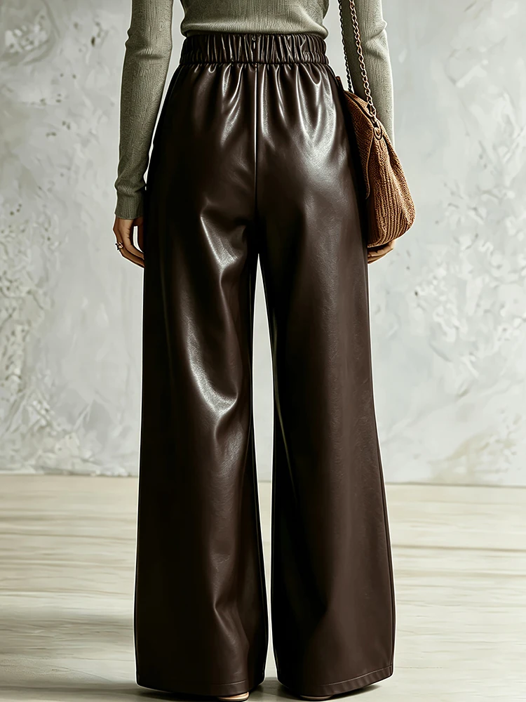 Daily Style Elegant Solid PU Leather Wide Leg Pants Women's Autumn Winter High Elastic Waist Holiday Casual Trousers Streetwear