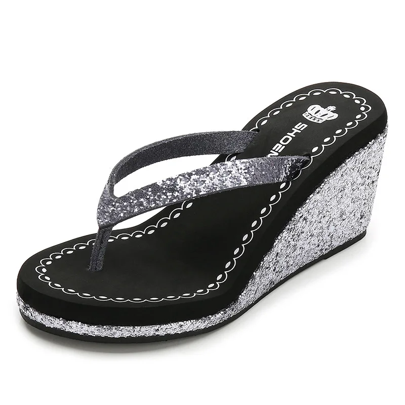 Beach Shoes Ladies\' Slippers Slipers Women Heeled Mules Glitter Slides Rubber Flip Flops On A Wedge Platform Sabot 2024 High Sum