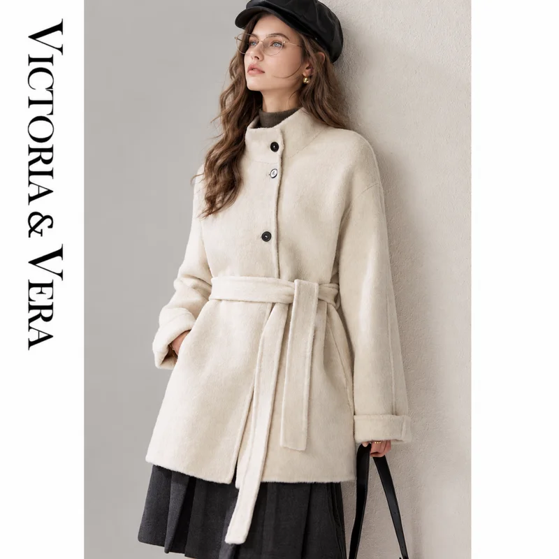 Women's Stand Collar Belted Mid Length Coat, Button Front Oversized Loose Fit Winter Overcoat