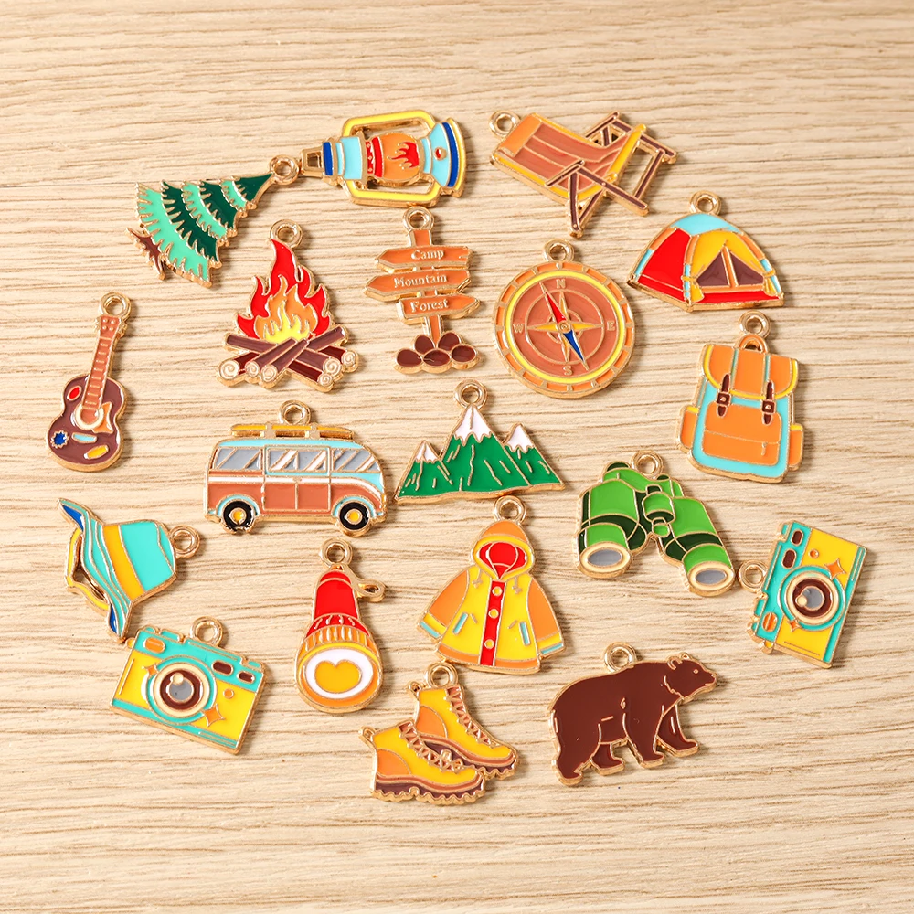 Tusember 20pcs Cute Outdoor Camping Tent Charms Chair Backpack Camera Pendants for Jewelry Making Necklace Earrings DIY Bracelet