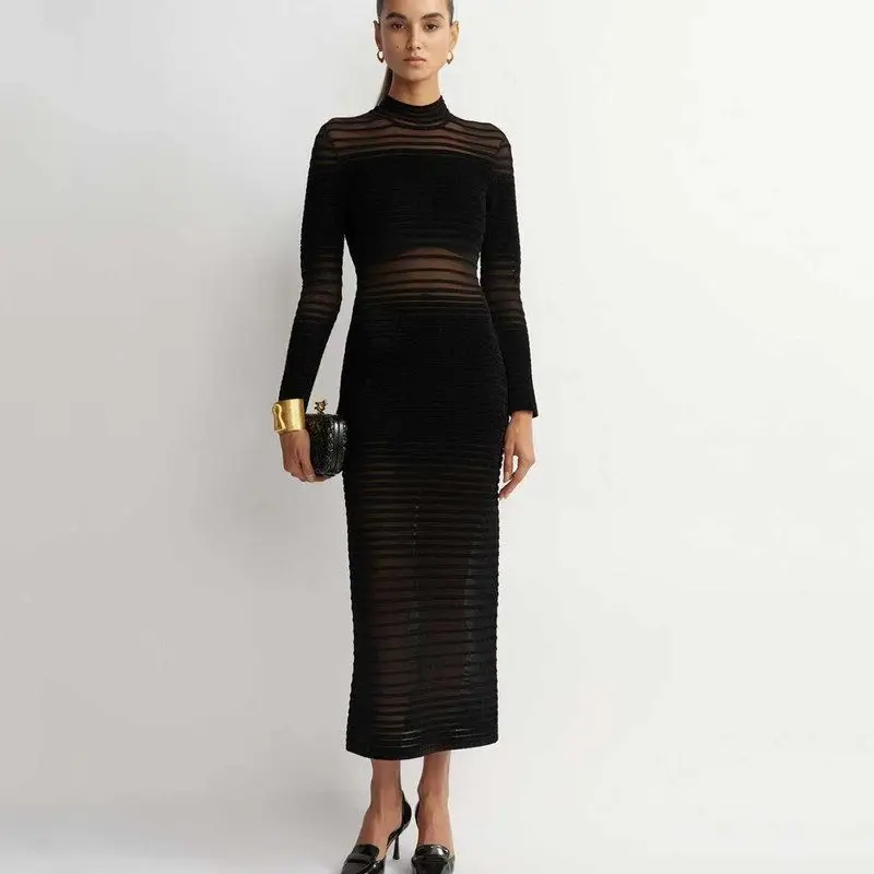 

Elegant Black Long Knitted Dress Spring Autumn New Style Ogeesha Splice High Waist Bodycon Dress for Ladies Party Wear