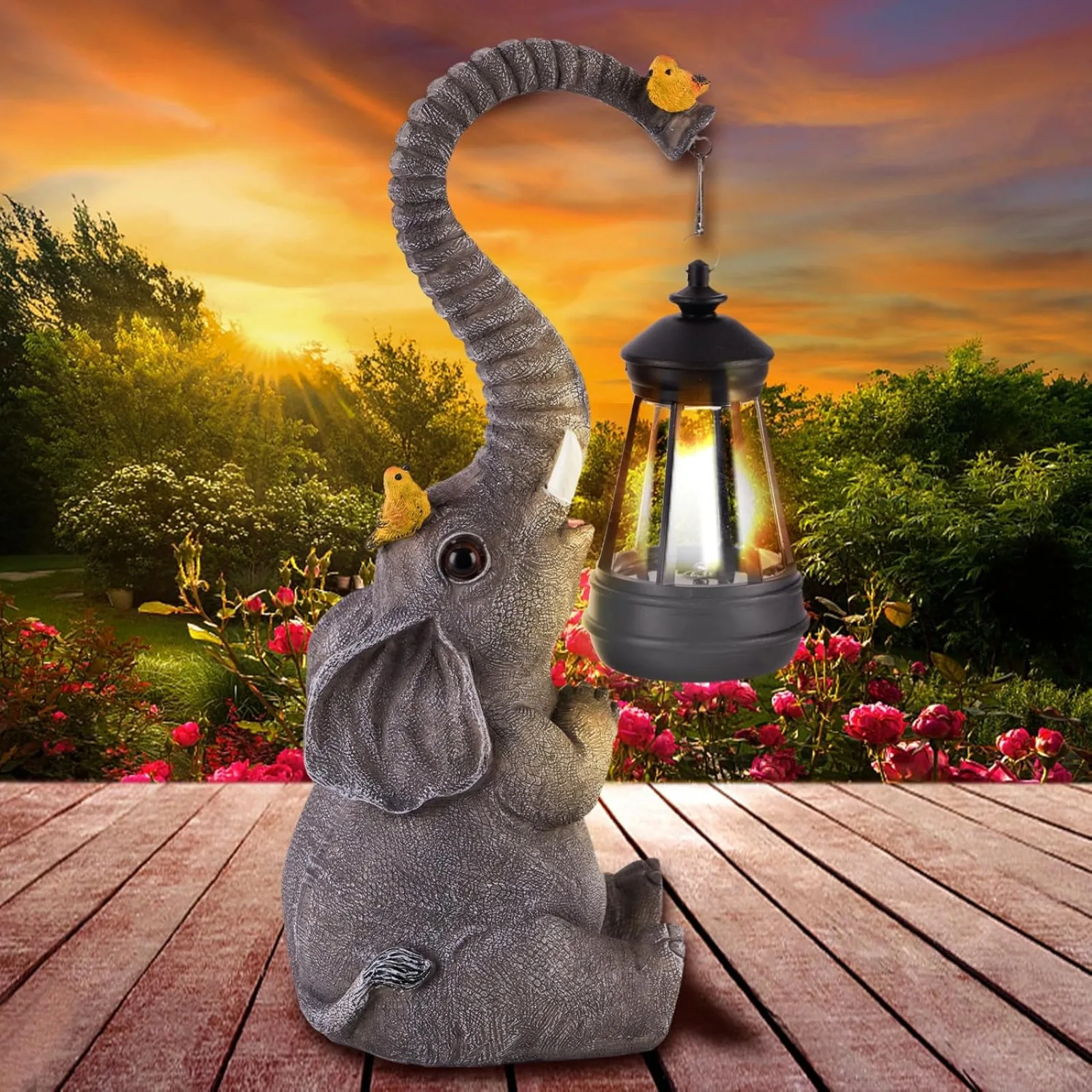 

US Solar Outdoor Garden Statues Lights, Elephant Figurines with Cute Birds Garden Sculpture Decor, Lucky Elephant Mother Gifts