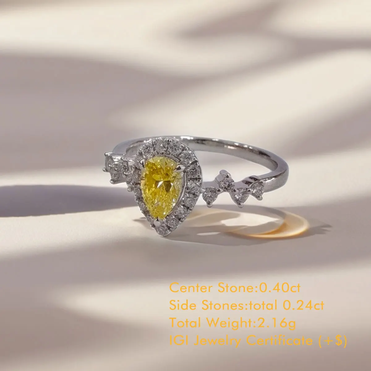 18K White Gold Yellow Diamond Ring Pear Shaped Lab Grown Diamond Ring Total 0.64ct Unique Diamond Shank Halo Ring For Women