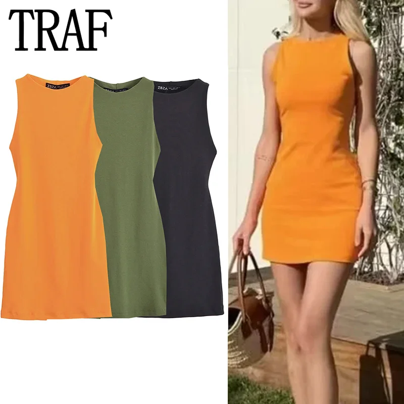 TRAF Orange Sleeveless Short Dresses For Women Green Black Mini Bodycon Dress Women Elegant Lady Dress 2024 Summer Dresses