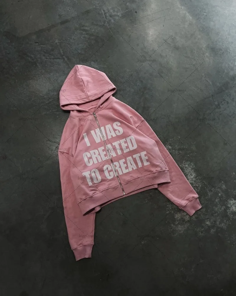 2024 Trendy Street Trend Brand Clothing Hip-hop Punk Style Letter Print Zipper Hoodie Men Pink Casual Retro Oversized Sweatshirt