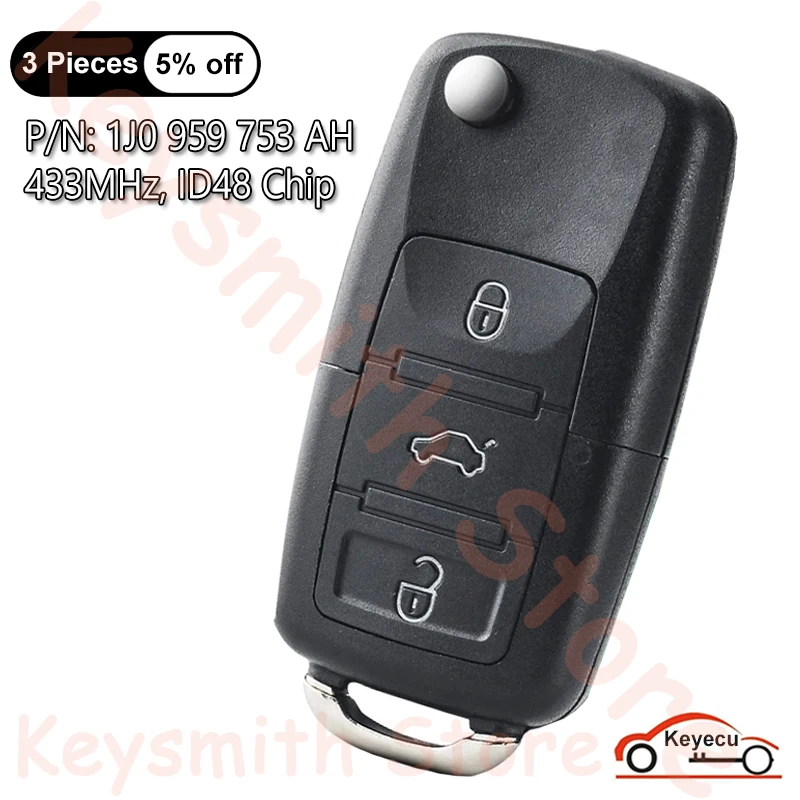 KEYECU 3 Btns 434MHz ID48 Chip for VW VolksWagen for Skoda for Seat Altea Ibiza Leon Toledo Auto Flip Remote Key Fob 1J0959753AH