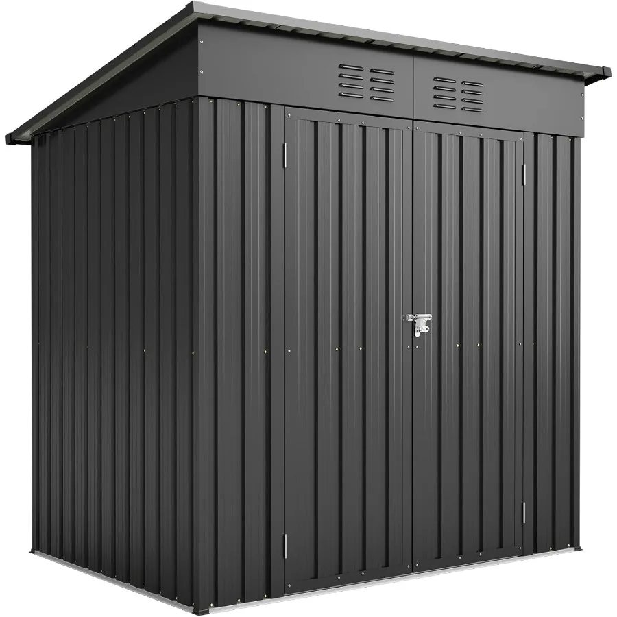 Outdoor metal storage shed for garden tools, 6 x 4 feet, black, lockable with rust-resistant finish