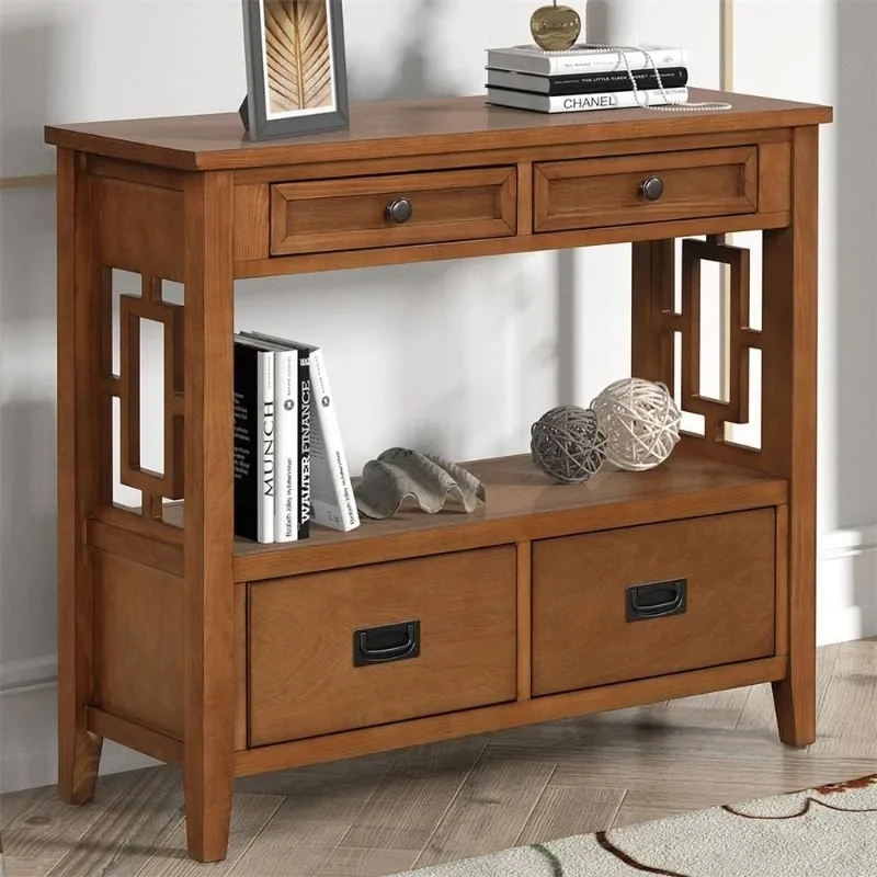 Country Farmhouse Console Table with Drawers and Storage Shelf Pine Wood Suitable for Entryway Entrance Living Room