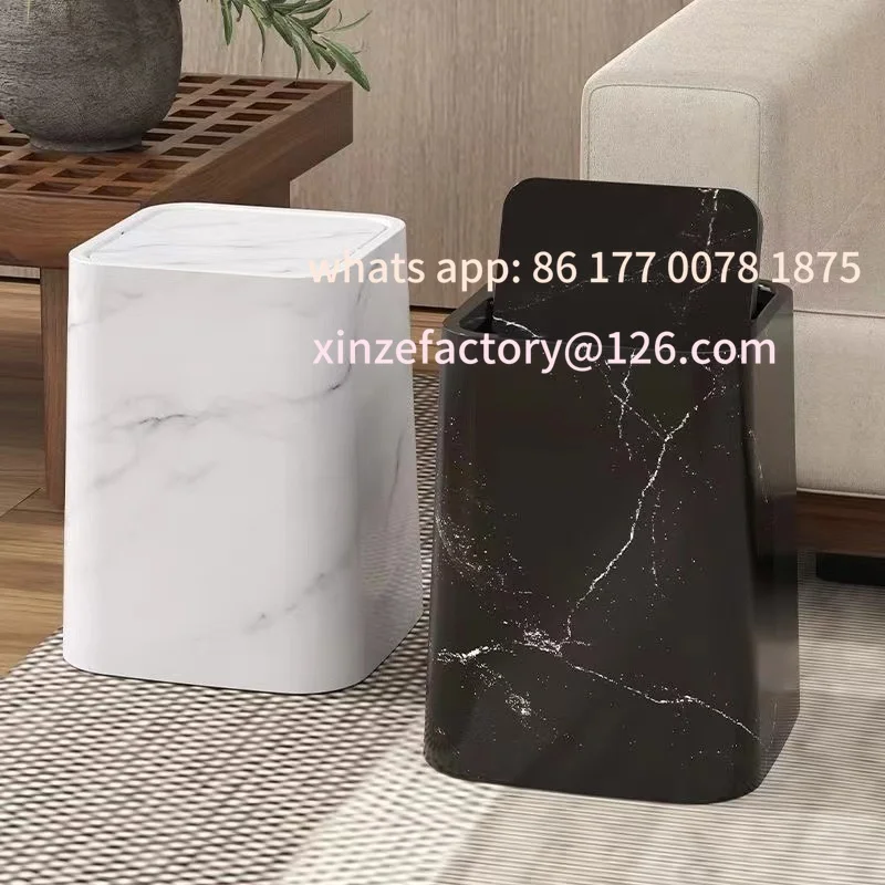 Customizable Flip Up Trash Can New Style Waste Cleaning Tools with Lid Cover Large Size Imitation Marble Pattern Storage Bin Bed